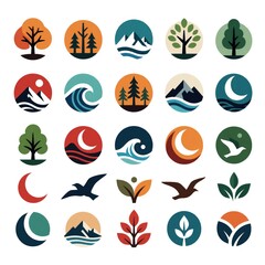 Naklejka premium Collection of minimal nature logos circle shaped. Icons depict trees mountains waves moon birds. Simple abstract visual graphic elements for eco branding.