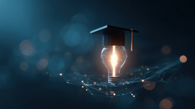A glowing light bulb wearing a graduation cap floats on a digital network. Ideal for educational technology and.