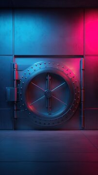 A heavy metal bank vault door illuminated with dramatic blue and red neon lights. Secure storage concept for safety.