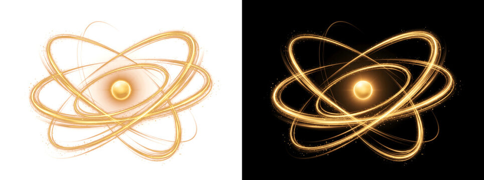 Gold glowing atom model with orbiting light rings and glowing nucleus sphere PNG, Transparent and Black Background Versions for scientific designs