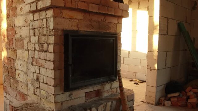 Built brick fireplace insert with glass door in a house under construction. Newly built brick fireplace with a glass door insertion inside an unfinished house under construction