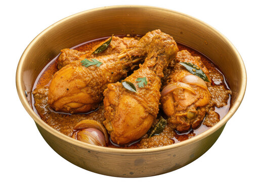 A huge bowl filled with too much delicious indian chicken curry with big drumsticks and curry leaves served in a brass bowl isolated on transparent background