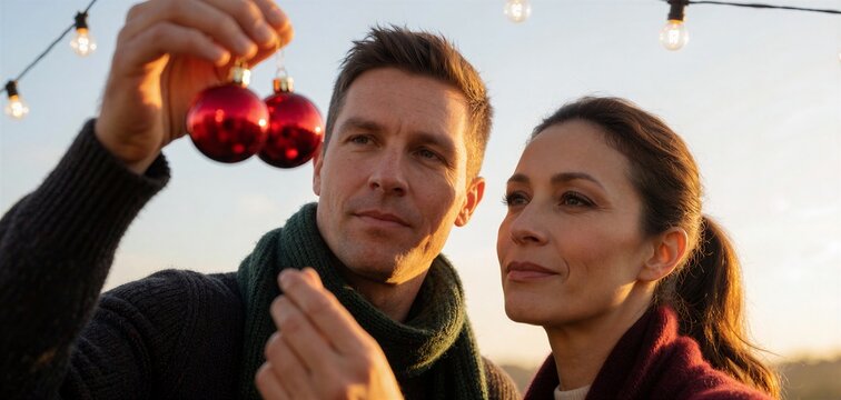 Two friends hang festive Christmas ornaments against a warm, sunlit sky, capturing a cozy holiday moment.