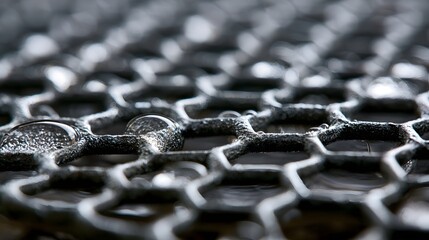 Fototapeta premium Dew droplets rest on a dark textured metal mesh surface under soft ambient lighting creating an abstract industrial background