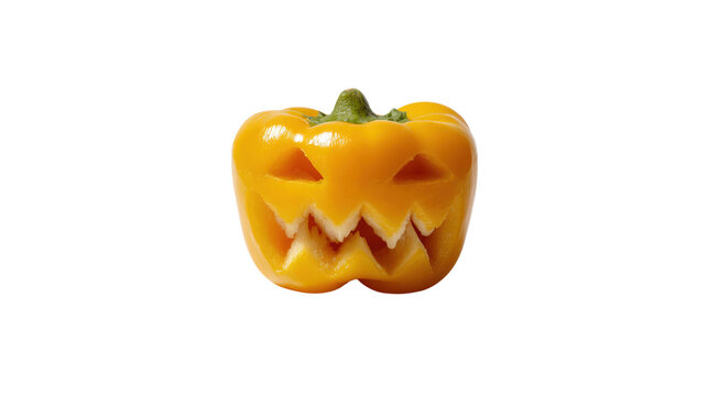 Yellow bell pepper carved like jack o lantern