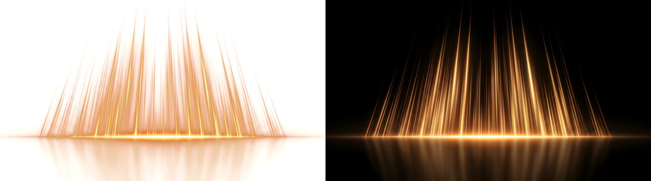 Gold glowing light rays falling on horizon with reflective surface glow PNG, Transparent and Black Background Versions for futuristic designs