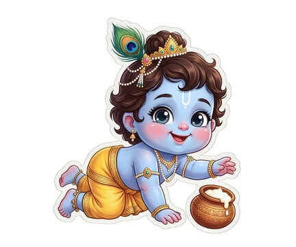 Cute crawling baby krishna illustration with makhan matki and peacock feather adorable bal gopal clipart isolated transparent background janmashtami celebrate