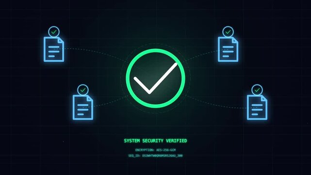 Cyber security verification interface, digital system security verified screen. Neon green checkmark icon with blue data file nodes. High-tech network authentication display.
