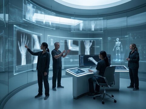 Medical team analyzing holographic X-ray scans in high-tech facility