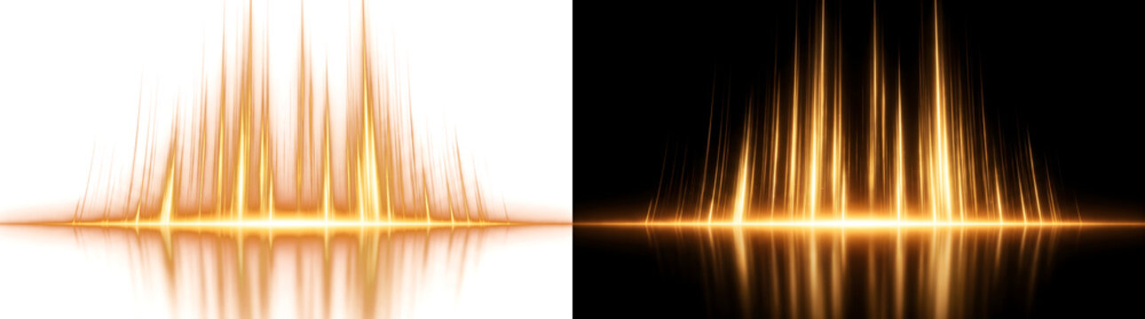 Gold glowing sound wave equalizer with vertical light bars and reflection PNG, Transparent and Black Background Versions for futuristic designs