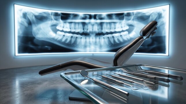 Modern Dental Clinic with Tools and Panoramic X-ray Display