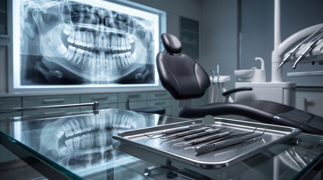 Modern Dental Office with Tools and Panoramic X-ray