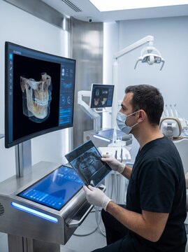 Dentist Analyzing 3D Dental Scan in Modern Medical Clinic