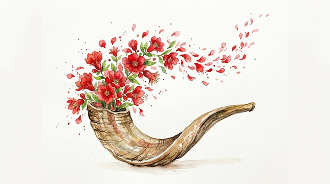 Watercolor painting of a shofar overflowing with blooming red flowers