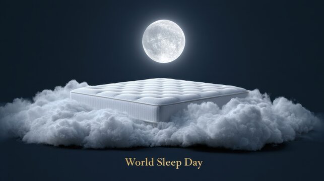 A comfortable mattress floats on fluffy clouds beneath a glowing full moon. Ideal for sleep health awareness, relaxation, and dream comfort concepts.