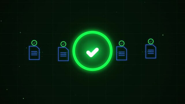 Digital check mark icon with glowing green circle, verified document icons on dark grid background, data validation concept