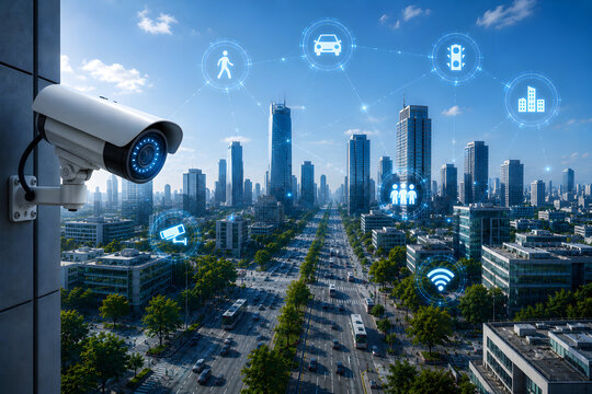 Smart city surveillance camera with connected AI monitoring network
