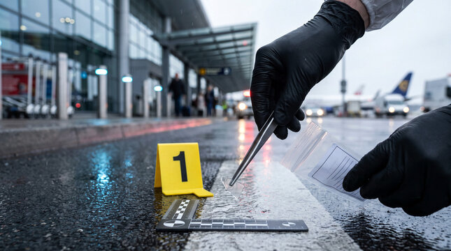 Forensic investigator collecting physical evidence at an airport crime scene using tweezers and an evidence bag, with a numbered marker and measurement scale on a wet surface