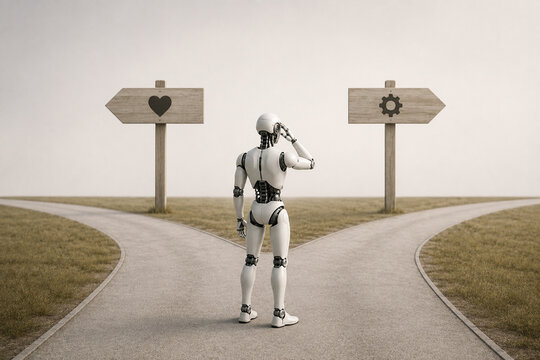 Humanoid robot choosing between emotion and logic at crossroads