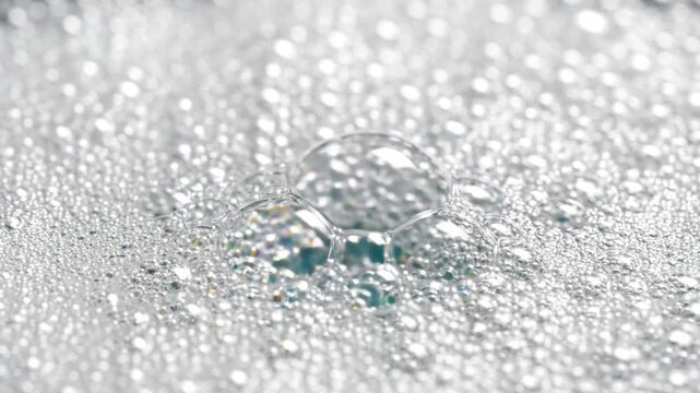 Water droplets bead on a gray waterproof textured fabric surface in close macro detail.