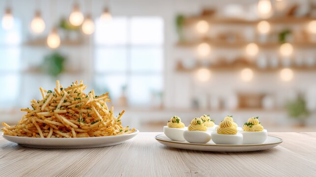 Plate of crispy french fries and deviled eggs served on a wooden table. Perfect for restaurant and party food concepts.