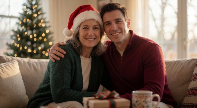Smiling parents sharing a warm embrace while exchanging Christmas gifts in a cozy living room setting.