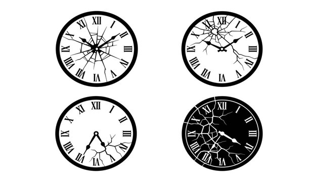 Collection of broken wall clocks with roman numerals