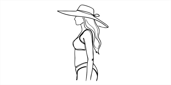 Minimal line art of a beautiful woman wearing a summer hat and bikini side view Vector, illustration