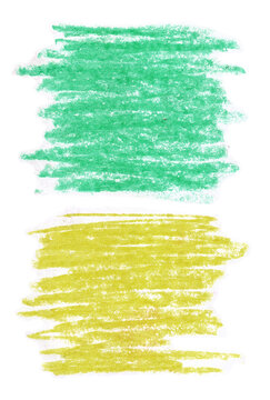 Hand-drawn green and yellow crayon scribble rectangular shapes with rough sketchy strokes on transparent background