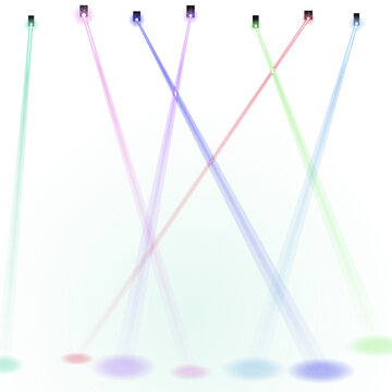 Multiple light beams casting colorful elliptical spots on a clean white floor with multi colored projection colorful elliptical