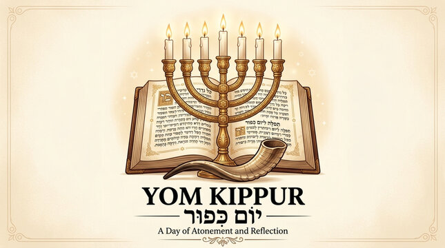 Yom kippur greeting card with menorah and holy book religion greeting