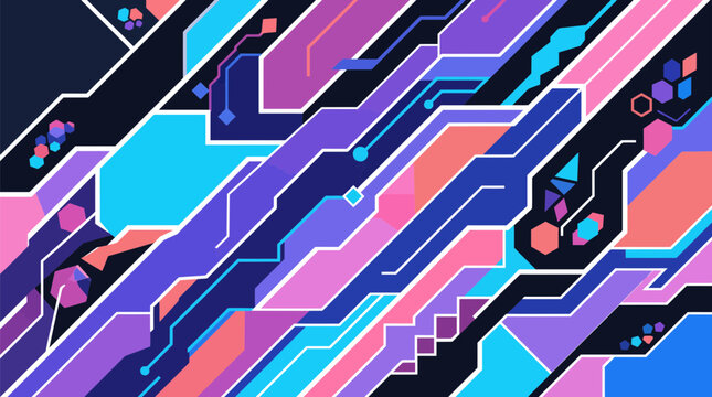 Colorful geometric abstract design with digital 3d blocks and vibrant lines isolated on transparent background, Vector Abstract cyberpunk banner with future tech geometric elements design new 2026