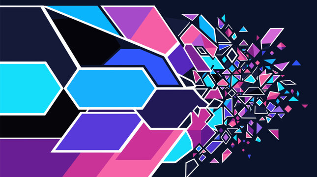 Colorful abstract 3d geometric shapes exploding in vibrant digital space isolated on transparent background, Vector Abstract cyberpunk banner with future tech geometric elements design new 2026