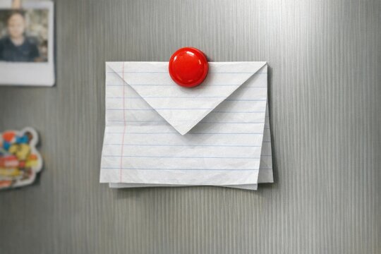 A piece of paper with a red button attached, possibly used for form submissions or notifications