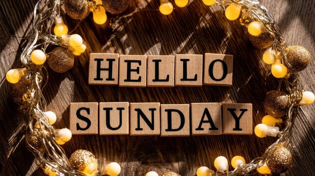 Text Hello Sunday formed with wooden tiles encircled by twinkling golden fairy lights on a dark wood background. Perfect weekend mood setting for lifestyle posts.
