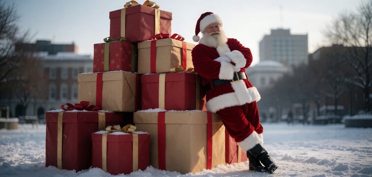 Santa Claus leaning against a towering stack of wrapped Christmas gifts in a snowy outdoor plaza during daylight.