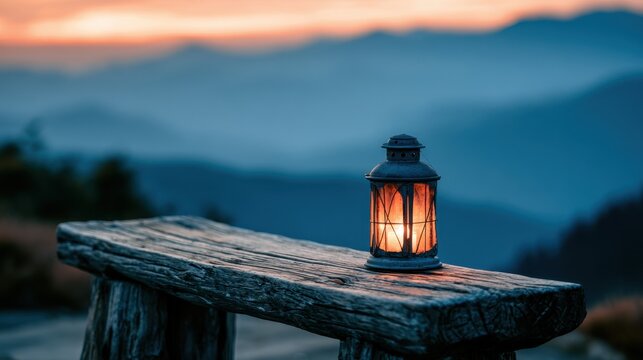 A glowing lantern sits on a rustic wooden bench during a soft sunset over mountain ranges. This atmospheric image evokes serenity and travel adventure.