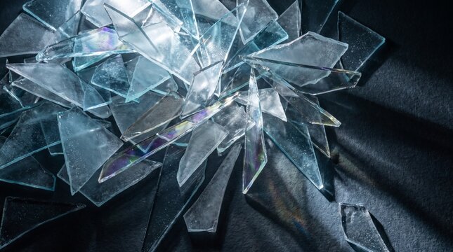 Broken glass shards lie scattered across a dark textured surface illuminated by hard side lighting.