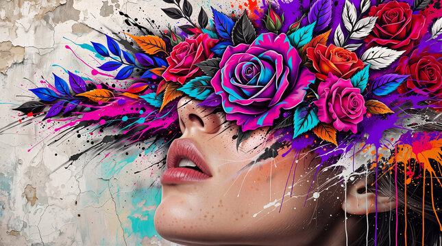 Expressive Mixed Media Portrait of Female Face Adorned with Vibrant Neon Roses and Paint Splatters