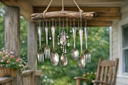 Close-up shot of a collection of silver spoons hung from a tree branch, great for home decor or kitchen utensil displays