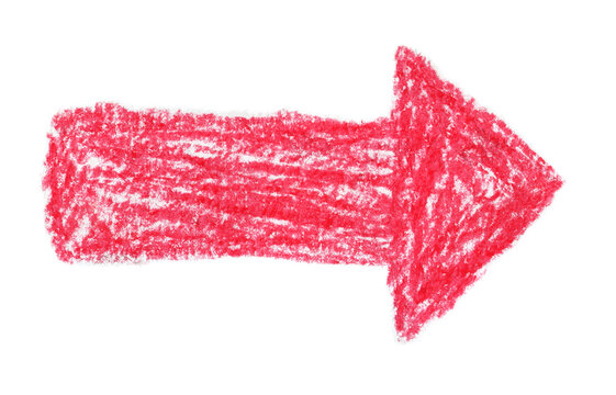 Hand-drawn red crayon arrow shape with rough texture on transparent background