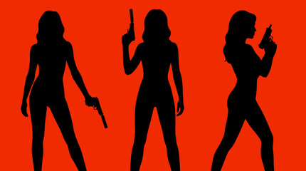 Fototapeta premium Silhouettes of female secret agents holding handguns isolated on a vibrant red background vector illustration set