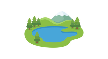 Obraz premium Isometric landscape with lake and mountains features a flat vector illustration on white