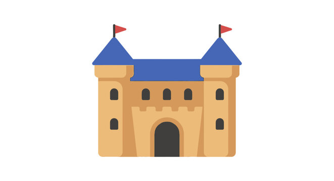 A stylized castle illustration features a blue roof and tan walls on a white background