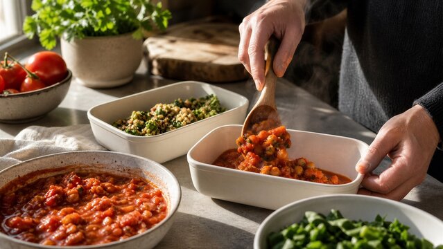 Woman preparing healthy meals for postpartum recovery in kitchen. Homemade nutritious stew portioned into containers.