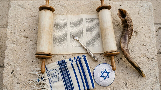 Jewish ritual objects including torah scroll shofar kippah tallit