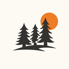 Obraz premium Minimal stylized pine tree silhouettes with orange sun. Flat vector illustration.