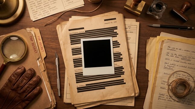 Blank Polaroid On Redacted Classified Document With Red String. Classified investigation files with redacted documents on desk