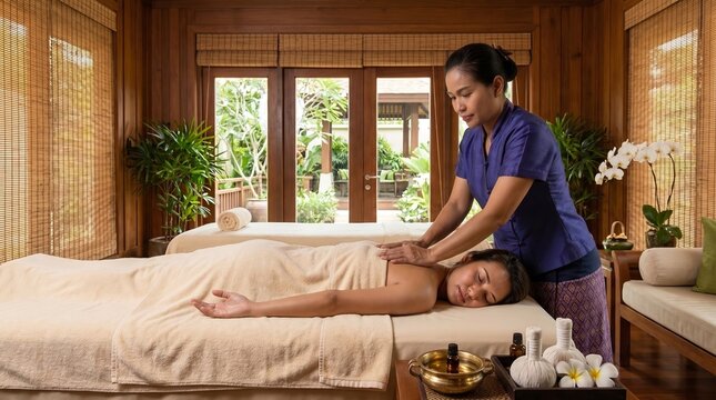 Thai massage at the spa.  A woman gives a woman a massage. A woman gets a back massage at a spa overlooking the garden
