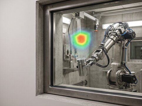 Robotic tele-manipulator arm in a hot cell with a projected 3D gamma radiation heatmap